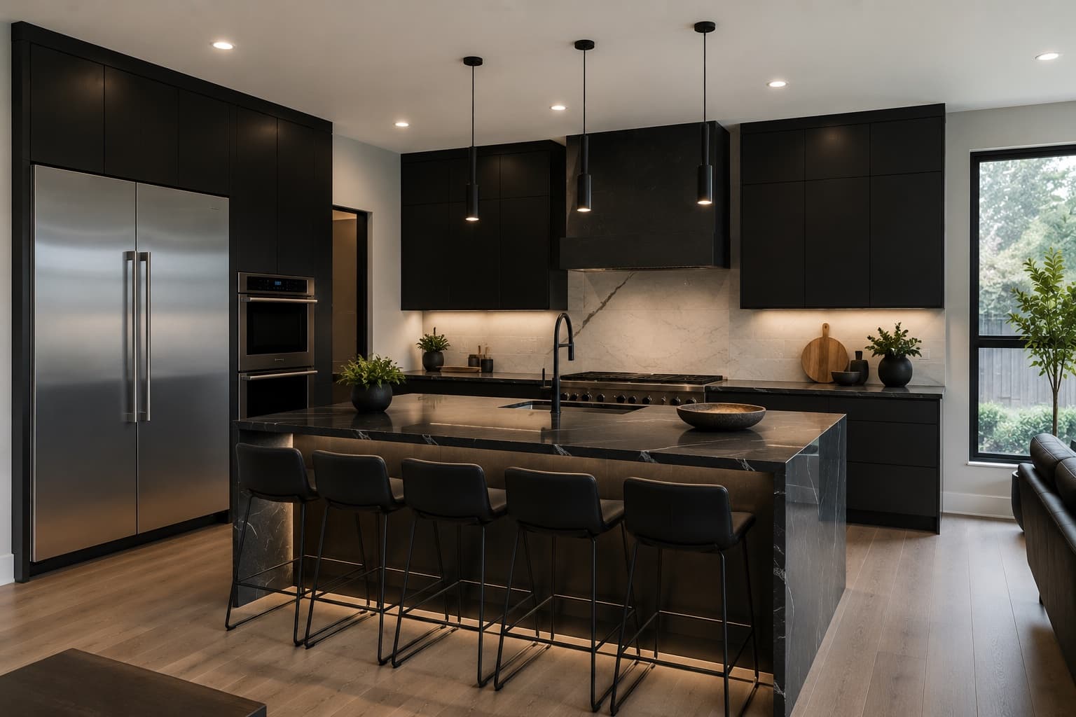 Modern kitchen cabinet refinish — black flat-panel cabinets and stone island in Simpsonville